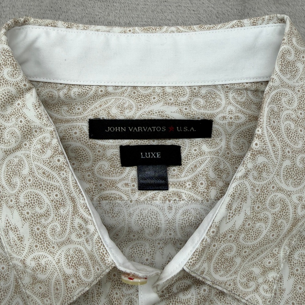 John Varvatos Button Down Shirt Mens Large Tan Paisley Luxe Long Sleeve Preppy - Picture 3 of 7